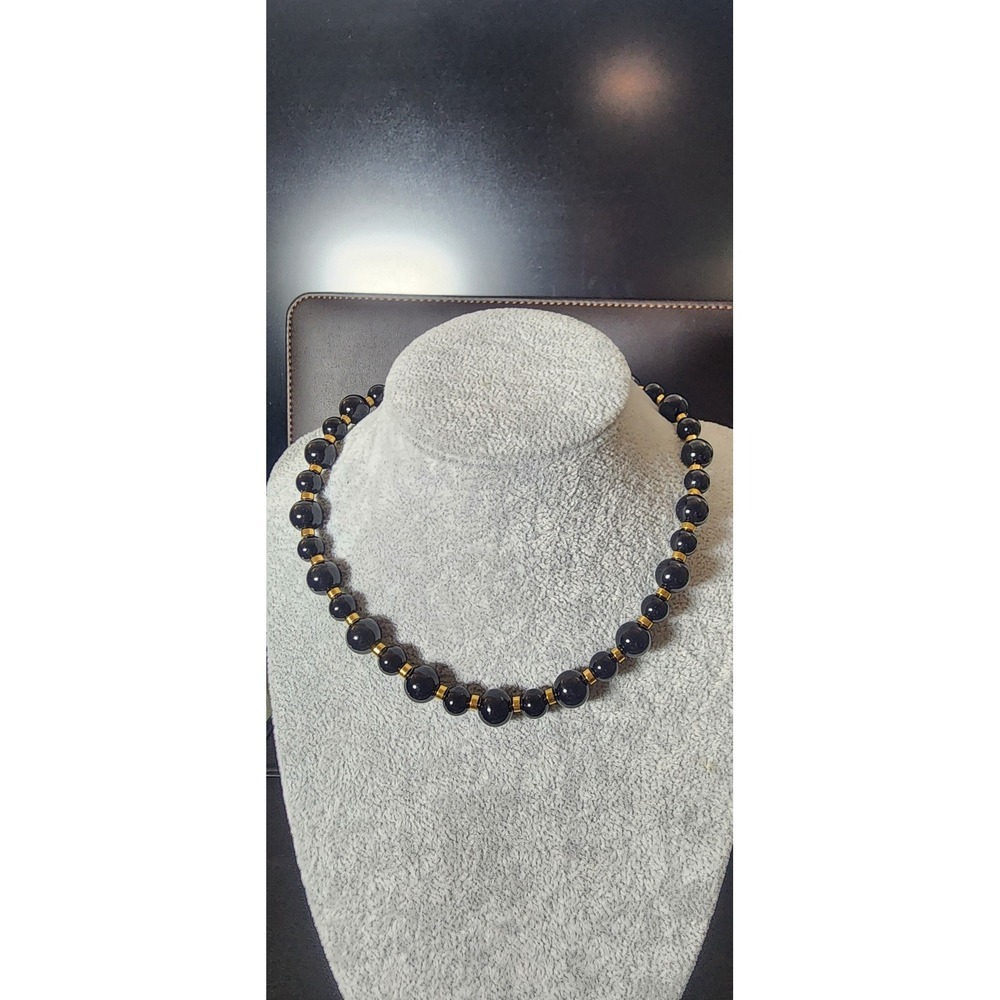 Vintage Black and Gold Beaded Necklace Classic Round Bead‎ Strand Jewelry